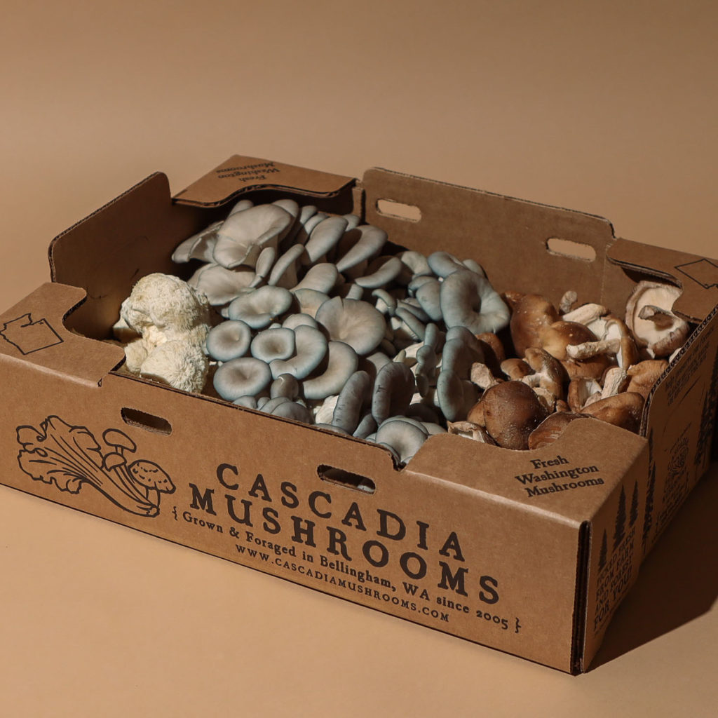 Box of fresh mushrooms from Cascadia Mushrooms