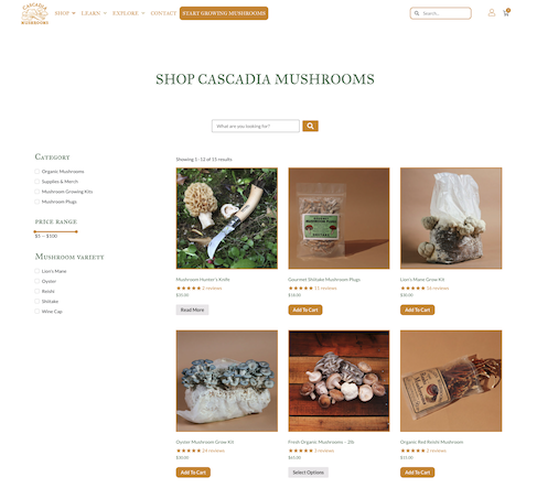 Cascadia Mushroom's online store